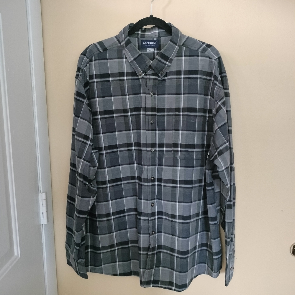 Architech Mens Button Up Black Gray Plaid Dress Shirt 2XL Office Business Casual